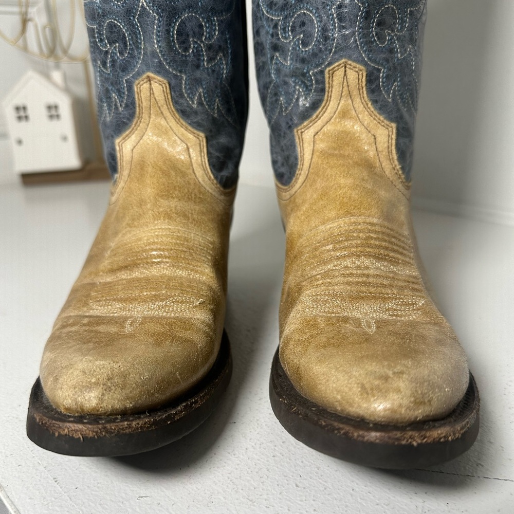 Masterson Boots Women’s 7.5M Two Tone Western Cowboy Boots Tan & Blue Leather - Picture 4 of 9